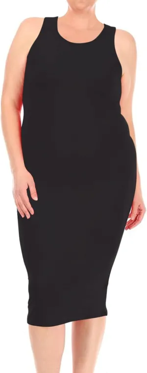 FashionStream Women's Plus Size Comfy Stretch Crew Neck 3/4 Sleeves Solid Slim Fit Bodycon Midi Dress
