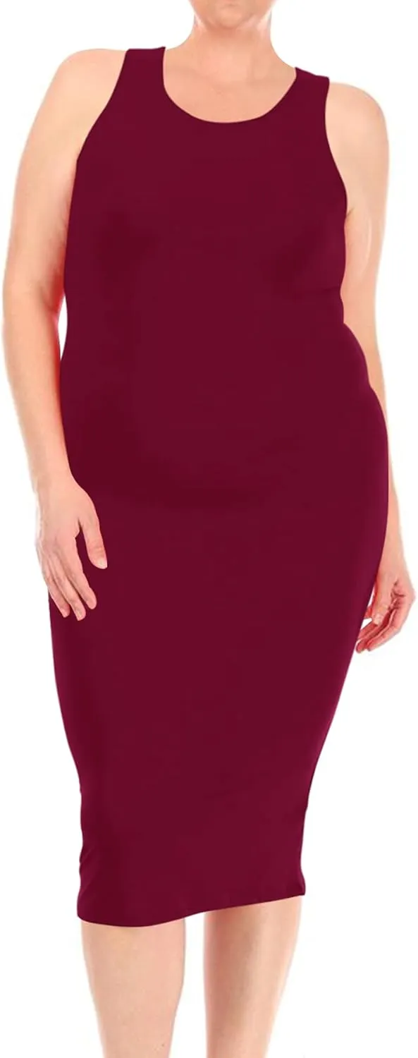 FashionStream Women's Plus Size Comfy Stretch Crew Neck 3/4 Sleeves Solid Slim Fit Bodycon Midi Dress