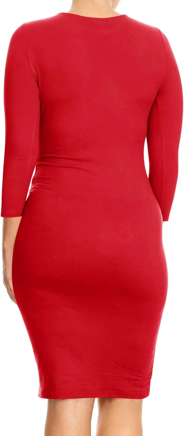 FashionStream Women's Plus Size Comfy Stretch Crew Neck 3/4 Sleeves Solid Slim Fit Bodycon Midi Dress