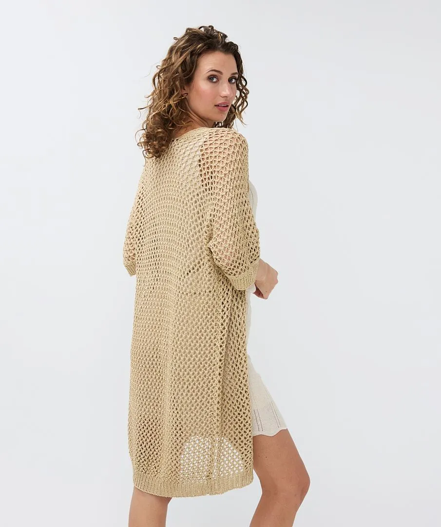Final Sale Glenny Gold Long Open Knit Cardigan - EsQualo HS2418207