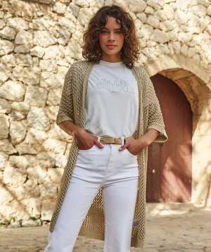 Final Sale Glenny Gold Long Open Knit Cardigan - EsQualo HS2418207