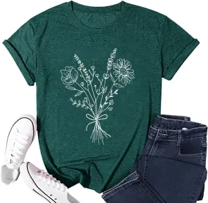 Floral Shirts for Women Boho Wildflower Graphic Workout T Shirts Summer Short Sleeve Nature Tee Tops