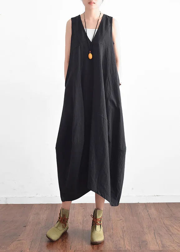 French black v neck linen clothes For Women stylish design sleevless loose summer Dress