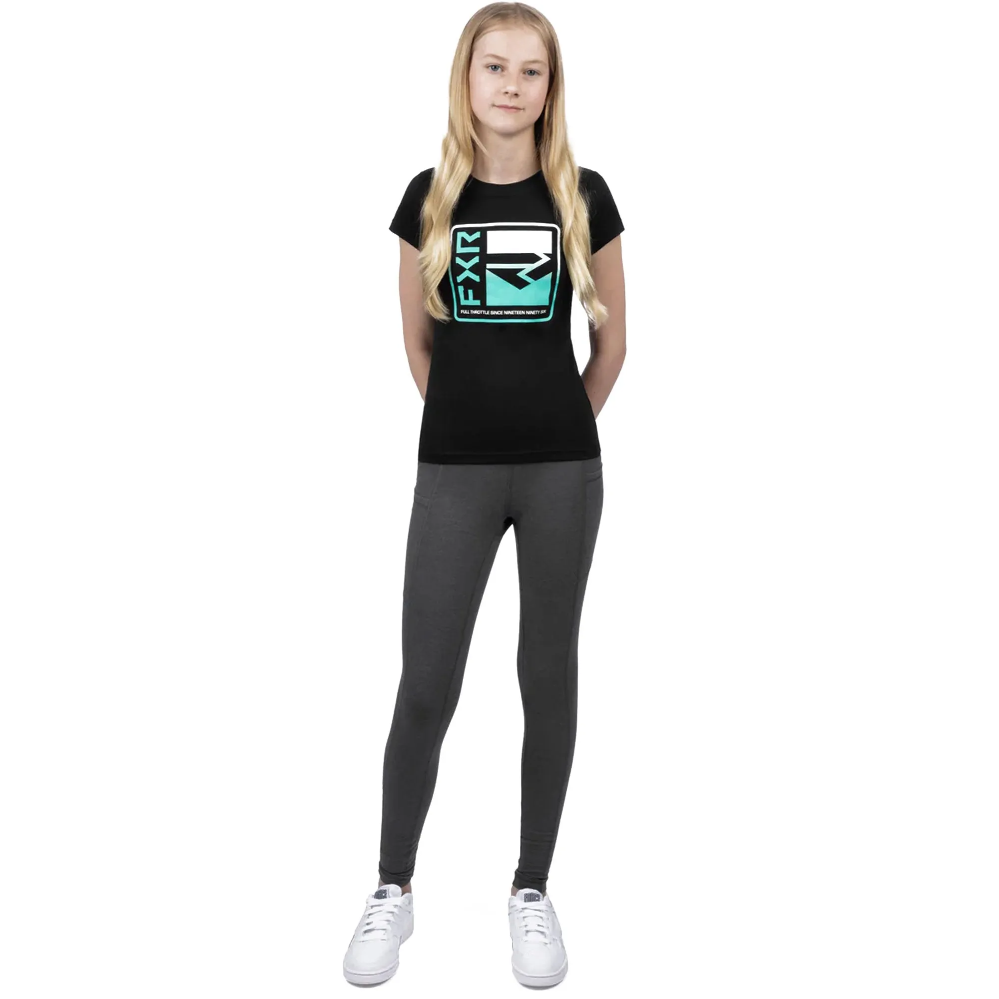 FXR  Girls Broadcast Premium T-Shirt Tee Short Sleeve Cotton Casual Black Mint
