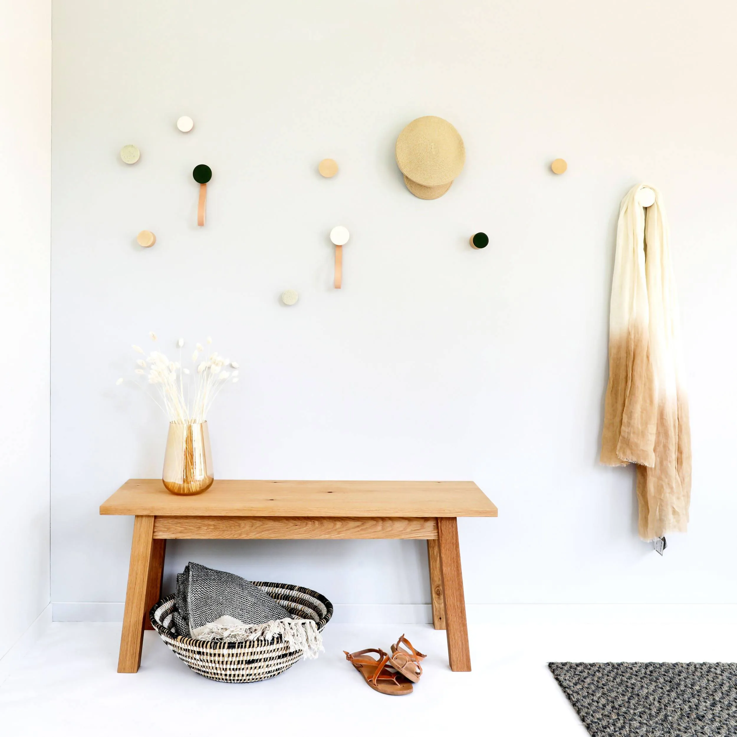 Geometric Beech Wood & Ceramic Wall Mounted Coat Hook / Knob - White Sand