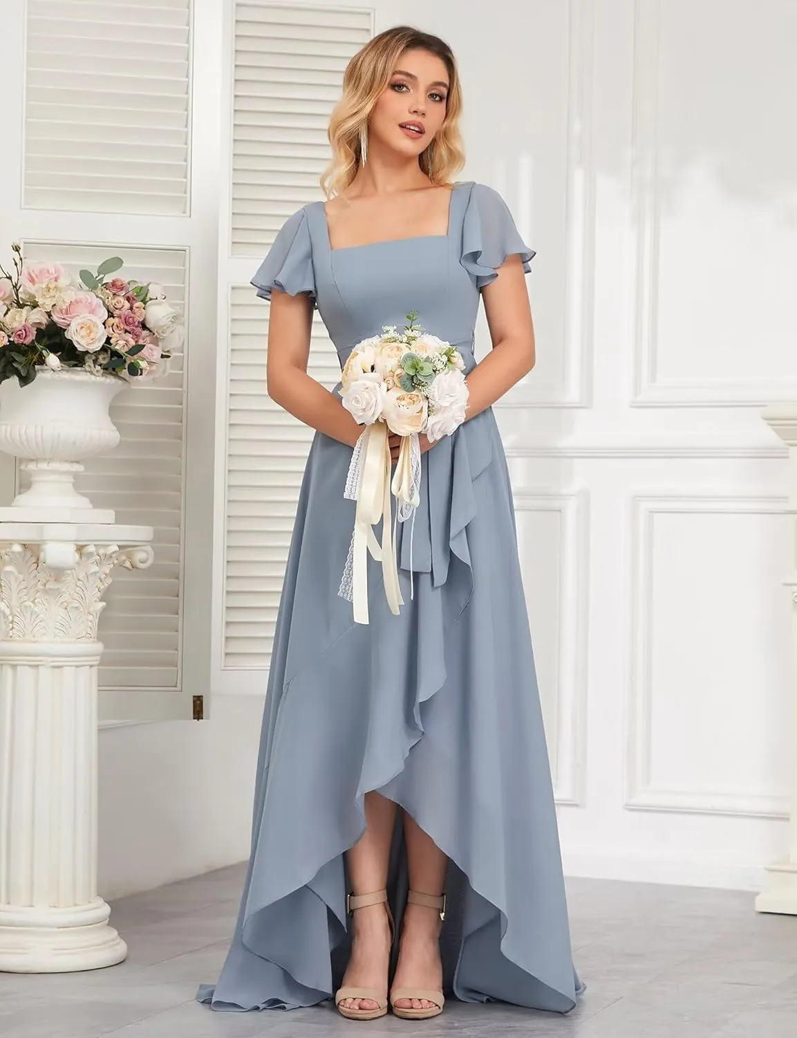 High Low Chiffon Bridesmaid Dresses for Women with Sleeves Square Neck Ruffle Long Formal Evening Gowns