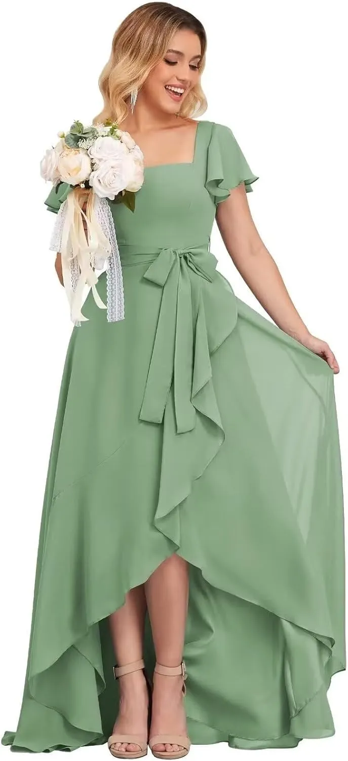 High Low Chiffon Bridesmaid Dresses for Women with Sleeves Square Neck Ruffle Long Formal Evening Gowns