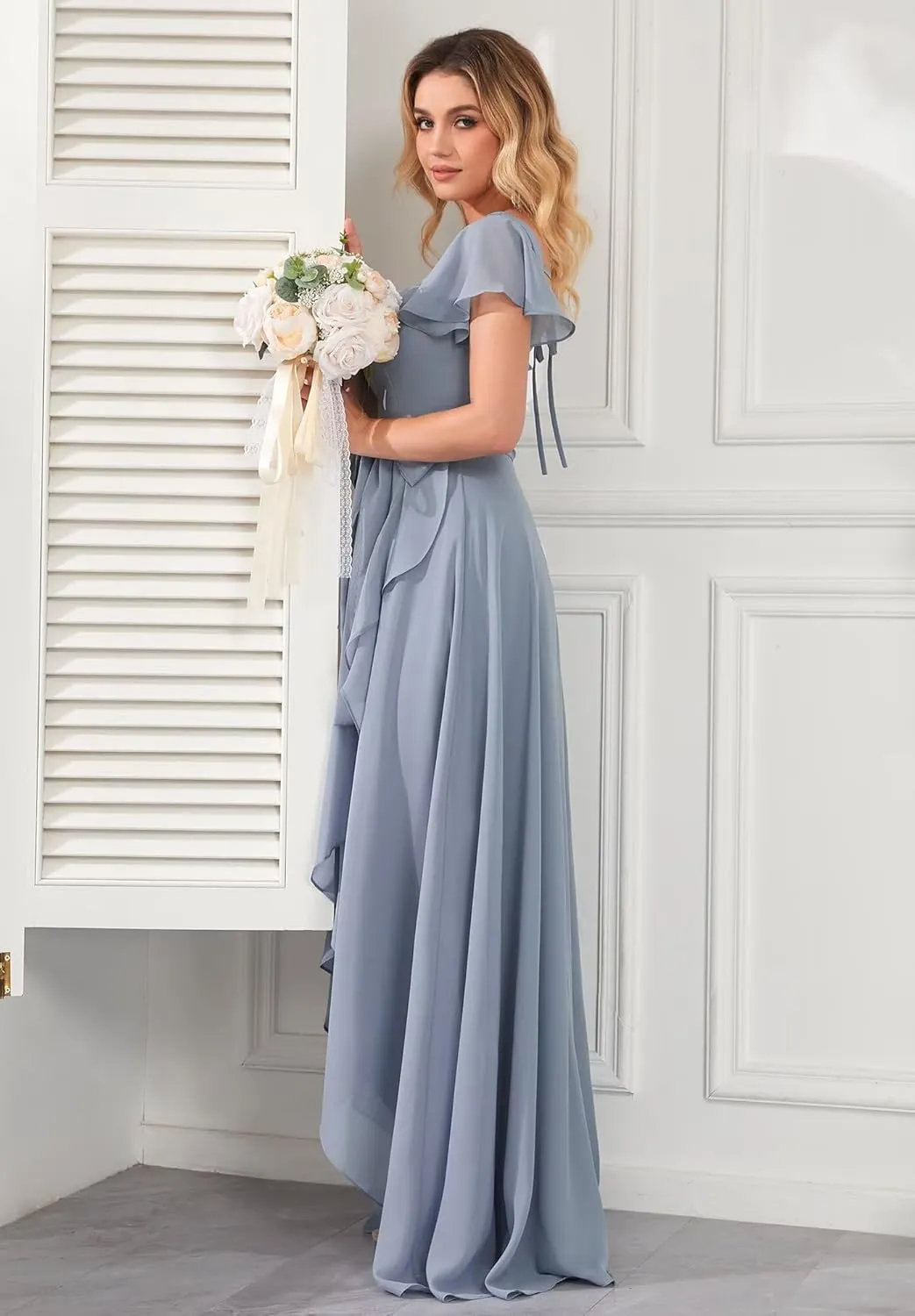 High Low Chiffon Bridesmaid Dresses for Women with Sleeves Square Neck Ruffle Long Formal Evening Gowns