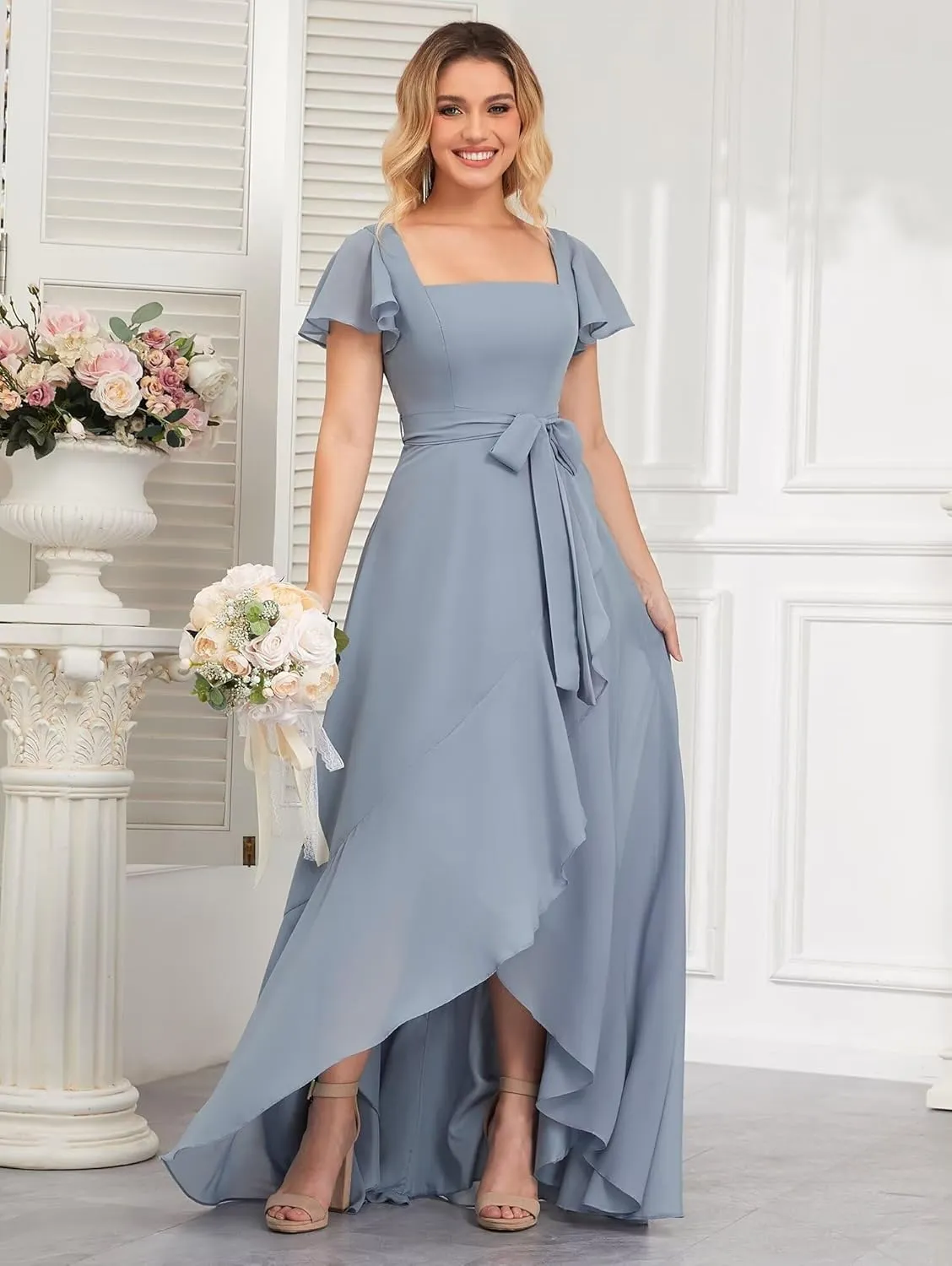 High Low Chiffon Bridesmaid Dresses for Women with Sleeves Square Neck Ruffle Long Formal Evening Gowns