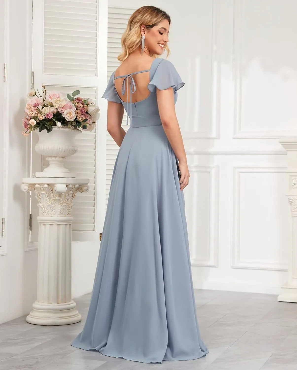 High Low Chiffon Bridesmaid Dresses for Women with Sleeves Square Neck Ruffle Long Formal Evening Gowns