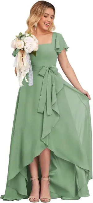 High Low Chiffon Bridesmaid Dresses for Women with Sleeves Square Neck Ruffle Long Formal Evening Gowns