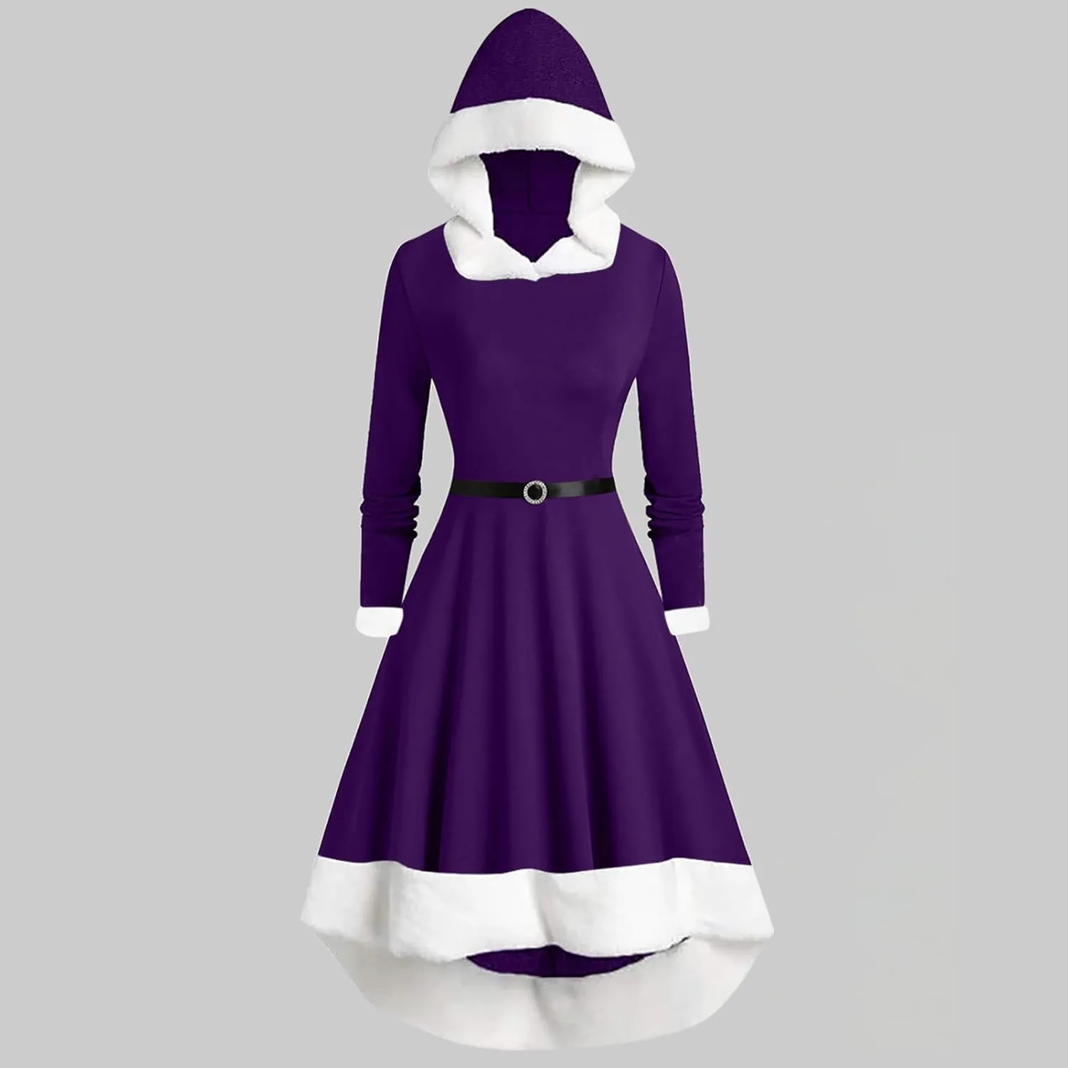 Hooded Mrs. Santa Claus Dresses Women Cosplay Dress High Low Swing Xmas Cloak Lace Up Midi Dress for Winter Christmas