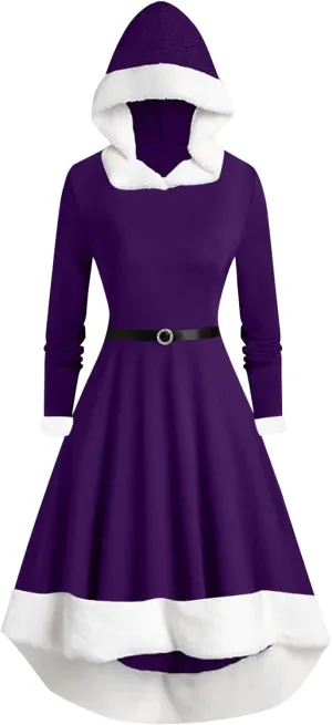 Hooded Mrs. Santa Claus Dresses Women Cosplay Dress High Low Swing Xmas Cloak Lace Up Midi Dress for Winter Christmas