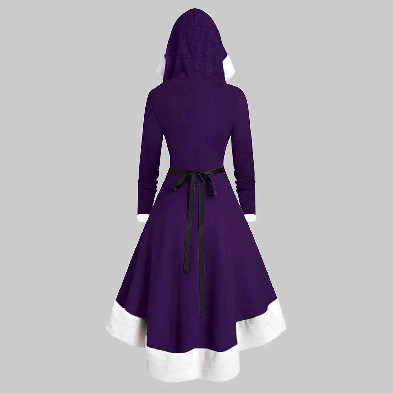 Hooded Mrs. Santa Claus Dresses Women Cosplay Dress High Low Swing Xmas Cloak Lace Up Midi Dress for Winter Christmas