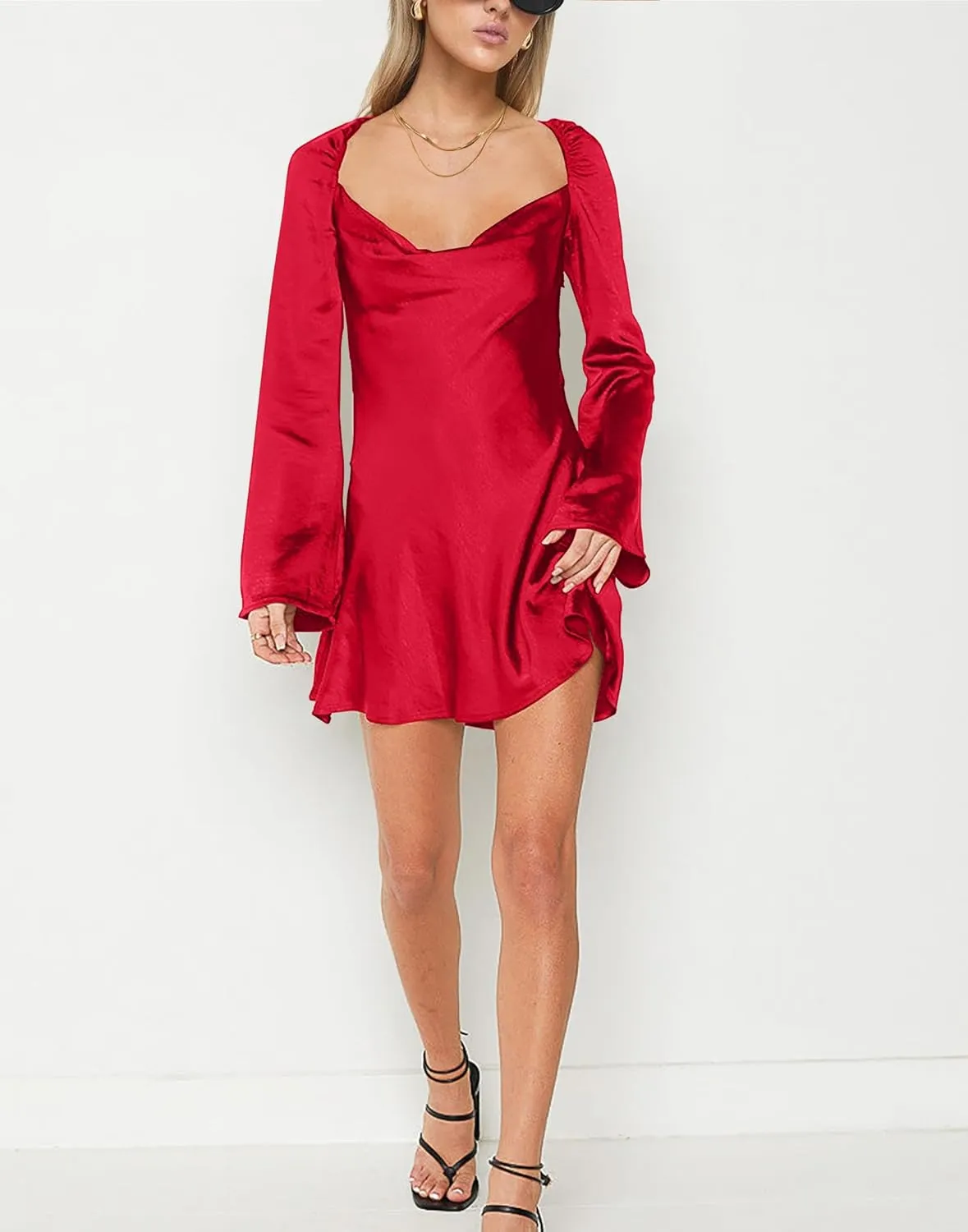 HYPERFIRE Women's Elegant Satin Long Sleeve Cowl Neck Mini Dress Tie Back Cocktail Dress Party Club