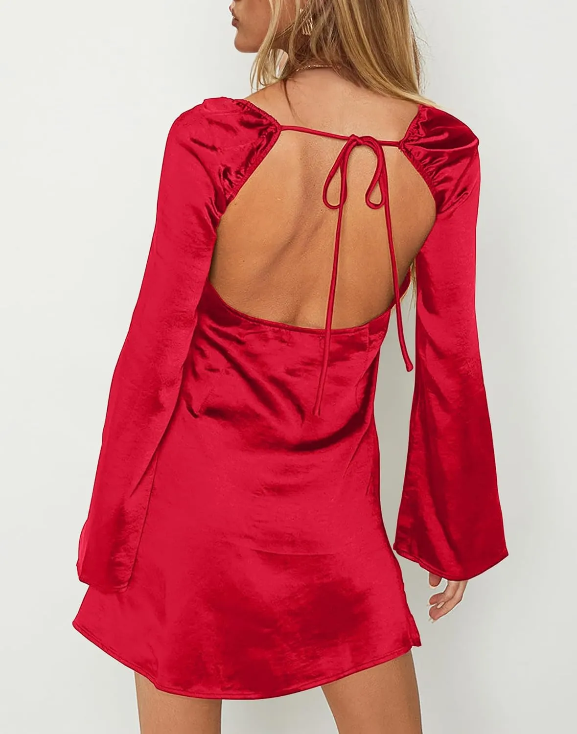 HYPERFIRE Women's Elegant Satin Long Sleeve Cowl Neck Mini Dress Tie Back Cocktail Dress Party Club