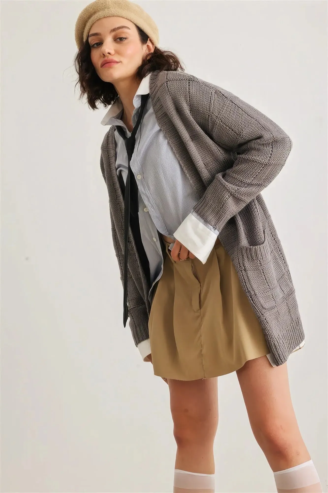 Knit Two Pocket Long Sleeve Open Front Cardigan