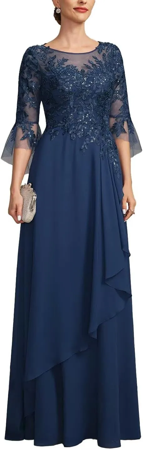 Lace Appliques Mother of The Bride Dresses A-Line 3/4 Sleeve Formal Evening Party Gowns for Women