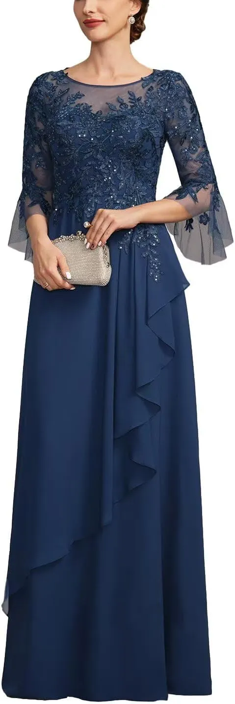 Lace Appliques Mother of The Bride Dresses A-Line 3/4 Sleeve Formal Evening Party Gowns for Women