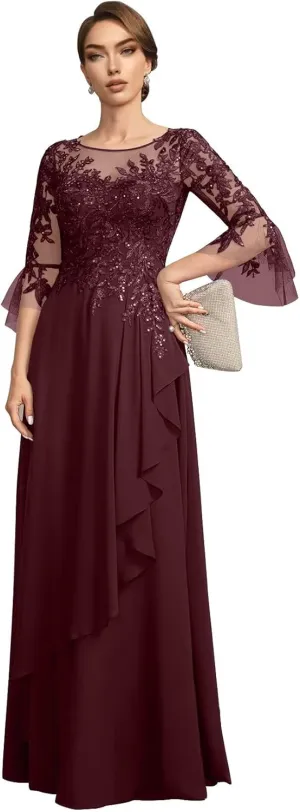 Lace Appliques Mother of The Bride Dresses A-Line 3/4 Sleeve Formal Evening Party Gowns for Women