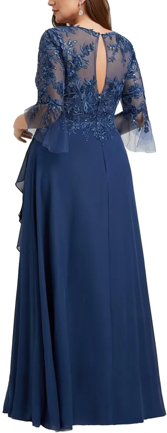 Lace Appliques Mother of The Bride Dresses A-Line 3/4 Sleeve Formal Evening Party Gowns for Women