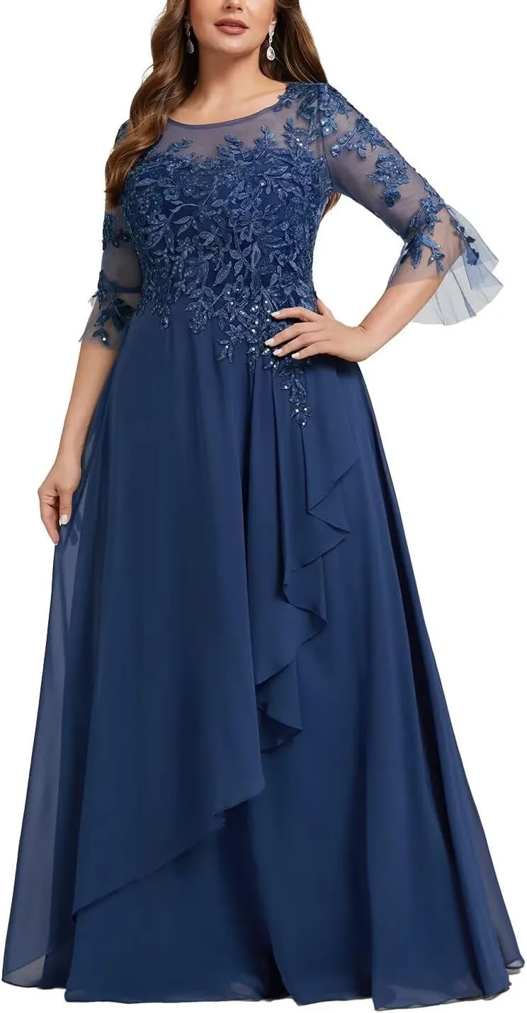 Lace Appliques Mother of The Bride Dresses A-Line 3/4 Sleeve Formal Evening Party Gowns for Women