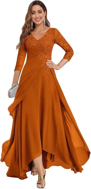 Lace Appliques Mother of The Bride Dresses for Wedding 3/4 Sleeves V Neck Ruffles Formal Wedding Guest Dress