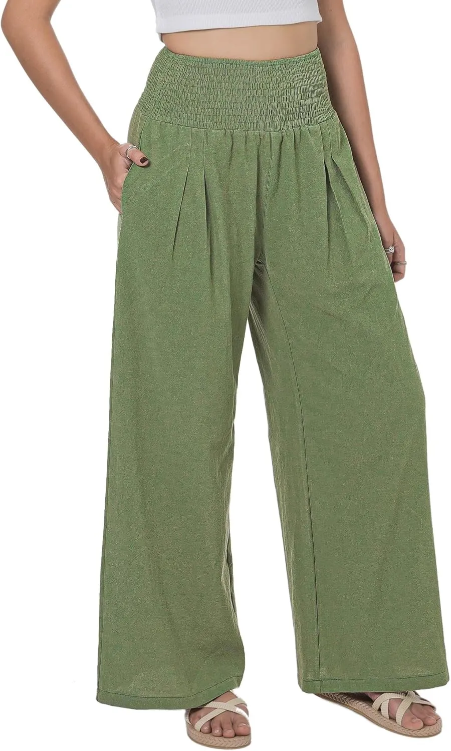 LOFBAZ Women Summer Flowy Cotton Linen Palazzo Wide Leg Pants Beach High Waisted Trousers Boho Long Lounge Pant with Pockets
