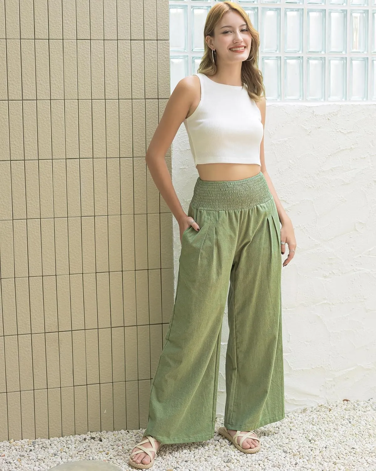 LOFBAZ Women Summer Flowy Cotton Linen Palazzo Wide Leg Pants Beach High Waisted Trousers Boho Long Lounge Pant with Pockets