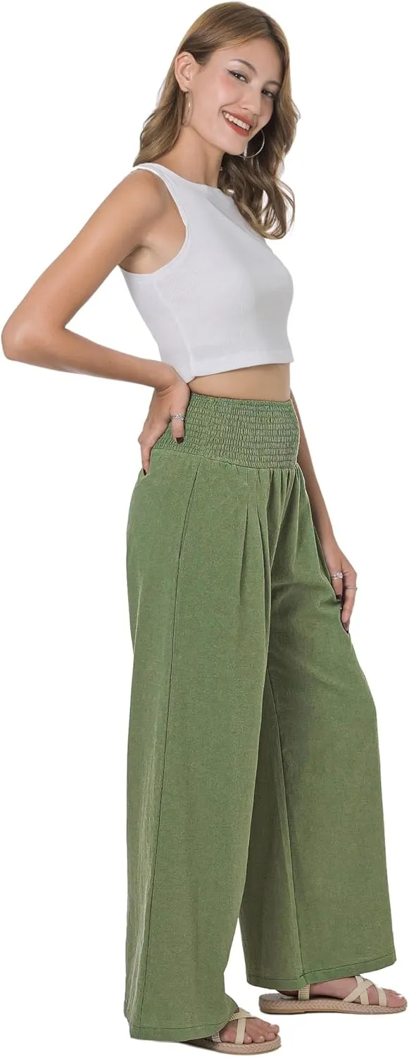 LOFBAZ Women Summer Flowy Cotton Linen Palazzo Wide Leg Pants Beach High Waisted Trousers Boho Long Lounge Pant with Pockets