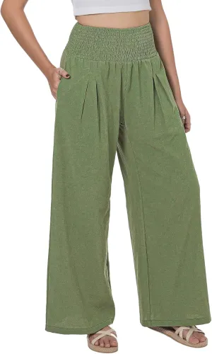 LOFBAZ Women Summer Flowy Cotton Linen Palazzo Wide Leg Pants Beach High Waisted Trousers Boho Long Lounge Pant with Pockets
