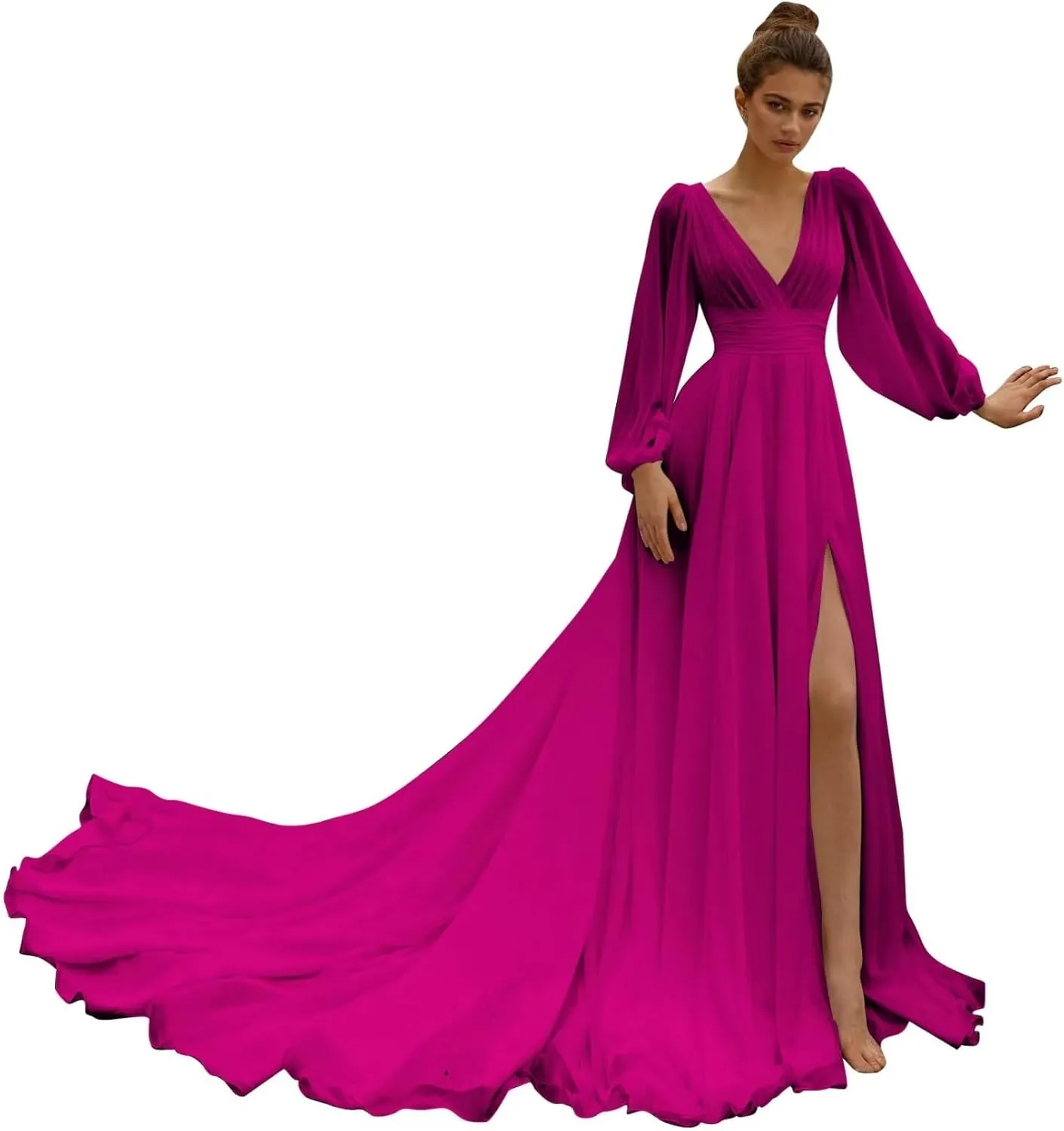 Long Sleeve Chiffon Prom Dress Empire Waist High Slit V Neck Beach Wedding Dresses with Train A Line
