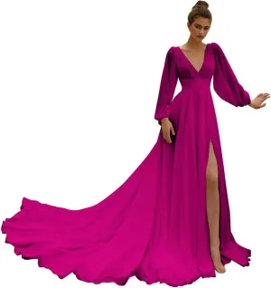 Long Sleeve Chiffon Prom Dress Empire Waist High Slit V Neck Beach Wedding Dresses with Train A Line