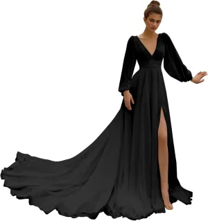 Long Sleeve Chiffon Prom Dress Empire Waist High Slit V Neck Beach Wedding Dresses with Train A Line