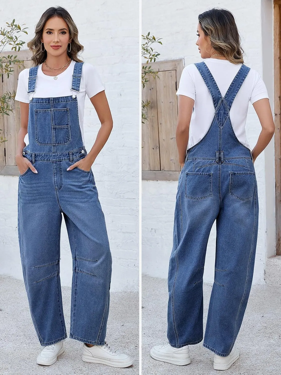 LONGBIIDA Women's Denim Overalls Barrel Wide Leg Loose Fit Bib Jean Romper Adjustable Strap Casual Jumpsuit