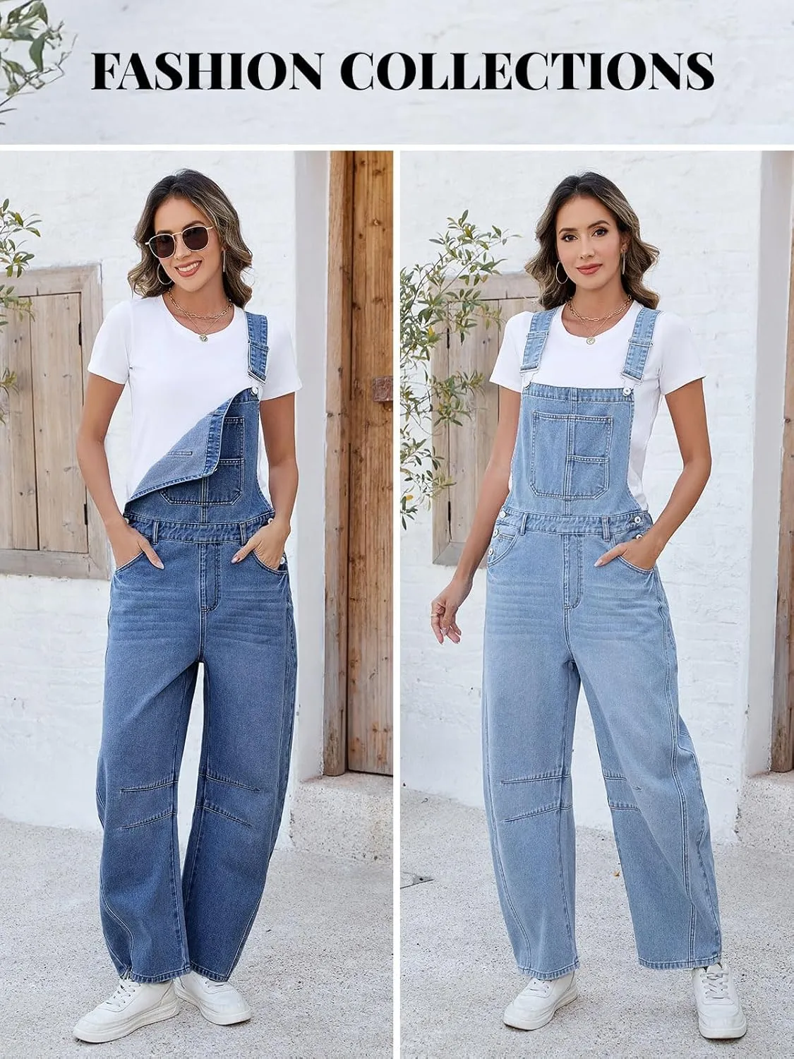 LONGBIIDA Women's Denim Overalls Barrel Wide Leg Loose Fit Bib Jean Romper Adjustable Strap Casual Jumpsuit