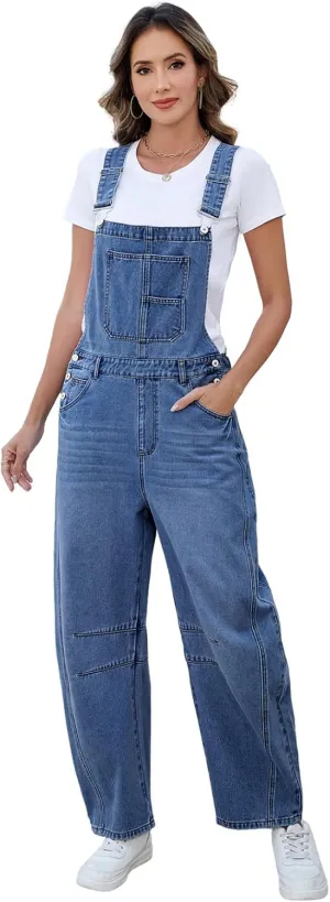 LONGBIIDA Women's Denim Overalls Barrel Wide Leg Loose Fit Bib Jean Romper Adjustable Strap Casual Jumpsuit