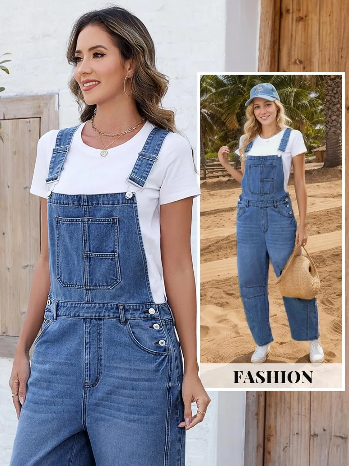 LONGBIIDA Women's Denim Overalls Barrel Wide Leg Loose Fit Bib Jean Romper Adjustable Strap Casual Jumpsuit