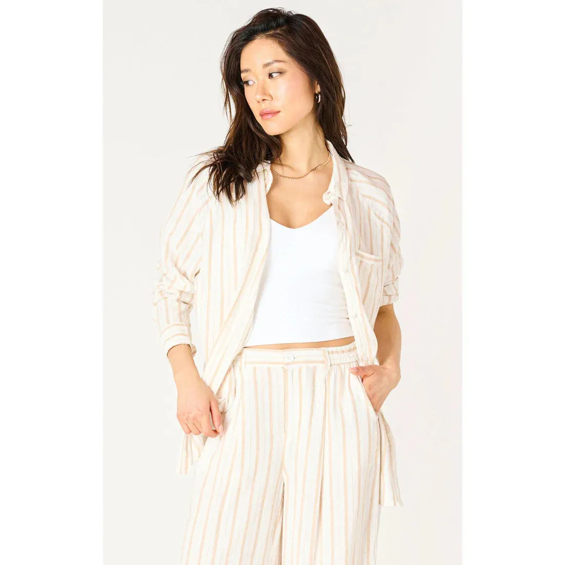 LS Oversized Button Front Shirt - Neutral Stripe