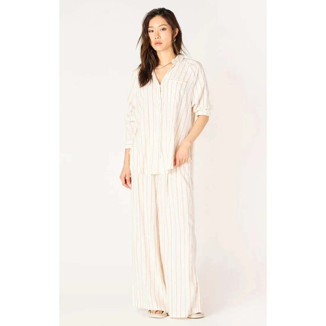 LS Oversized Button Front Shirt - Neutral Stripe