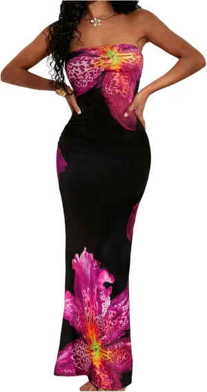 MakeMeChic Women's Strapless Maxi Dress Cocktail Mesh Ombre Bodycon Tube Dresses
