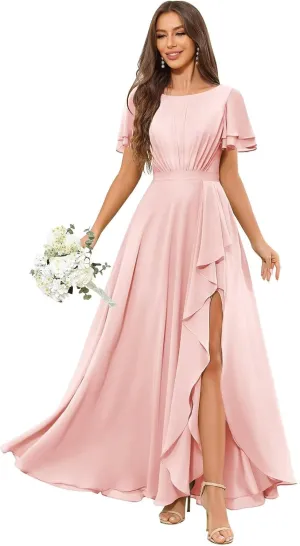 Modest Chiffon Bridesmaid Dresses with Sleeves Ruffle Slit Long A Line Formal Evening Dress for Women