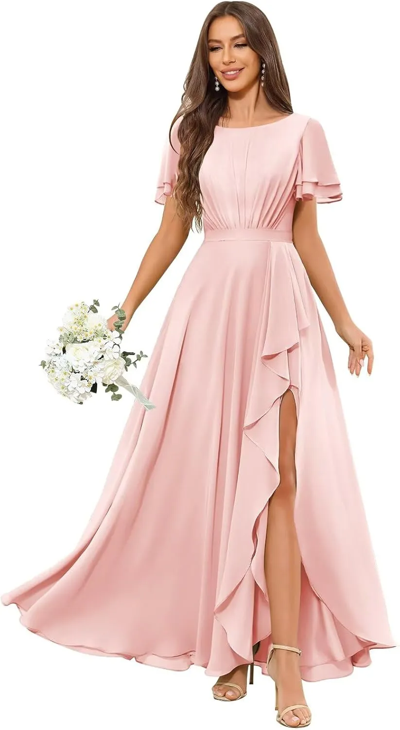 Modest Chiffon Bridesmaid Dresses with Sleeves Ruffle Slit Long A Line Formal Evening Dress for Women