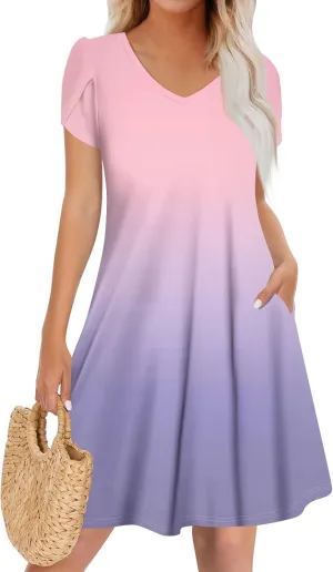 NBXNZWF Women's 2025 Casual Summer Dresses Short Sleeve V Neck Sundress Boho Floral Print Trendy Vacation Dress with Pockets