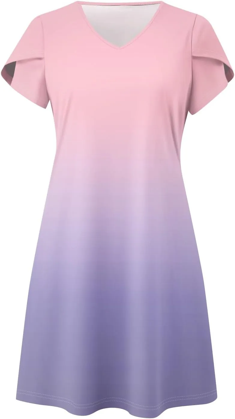 NBXNZWF Women's 2025 Casual Summer Dresses Short Sleeve V Neck Sundress Boho Floral Print Trendy Vacation Dress with Pockets
