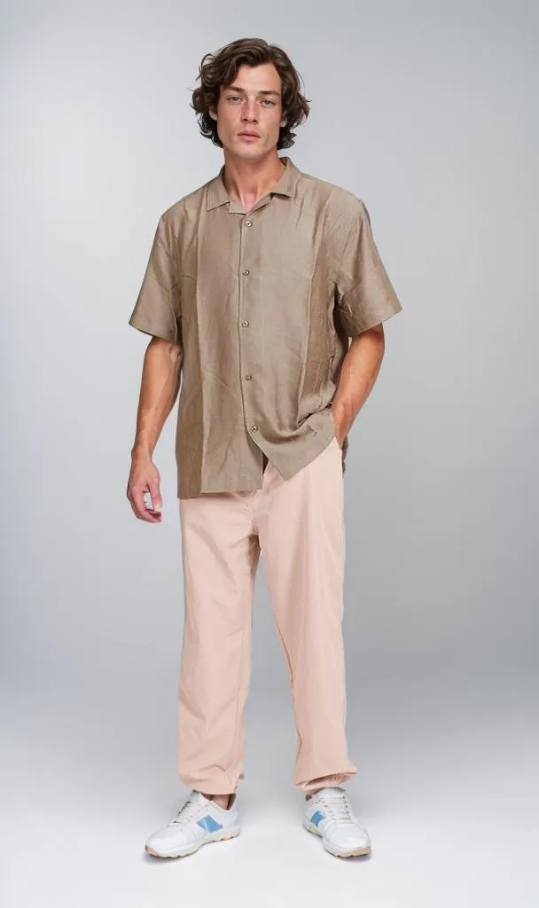 O203320 - Linen Short-Sleeve Button-Up Shirt - Olive Green