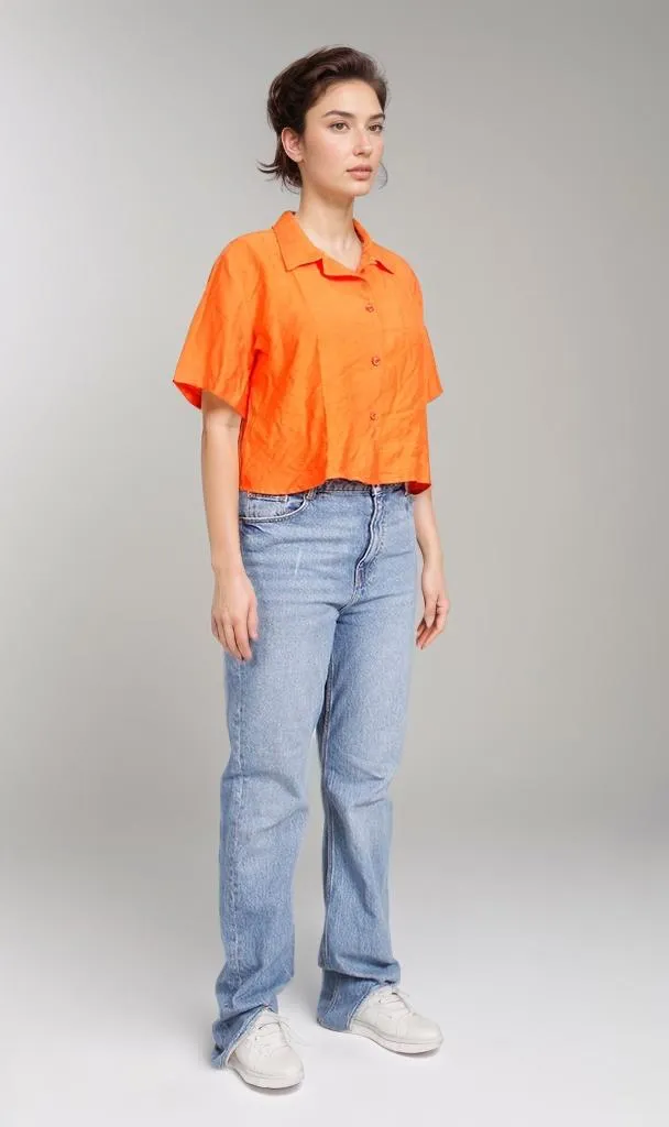 O204336-O204336 - Cropped Linen Shirt - Neon Orange