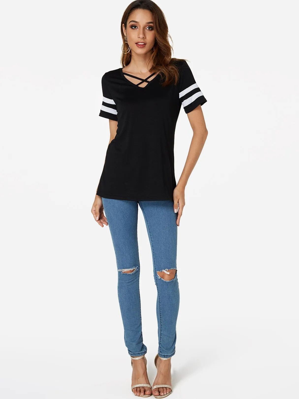 OEM ODM V-Neck Plain Crossed Front Short Sleeve T-Shirts