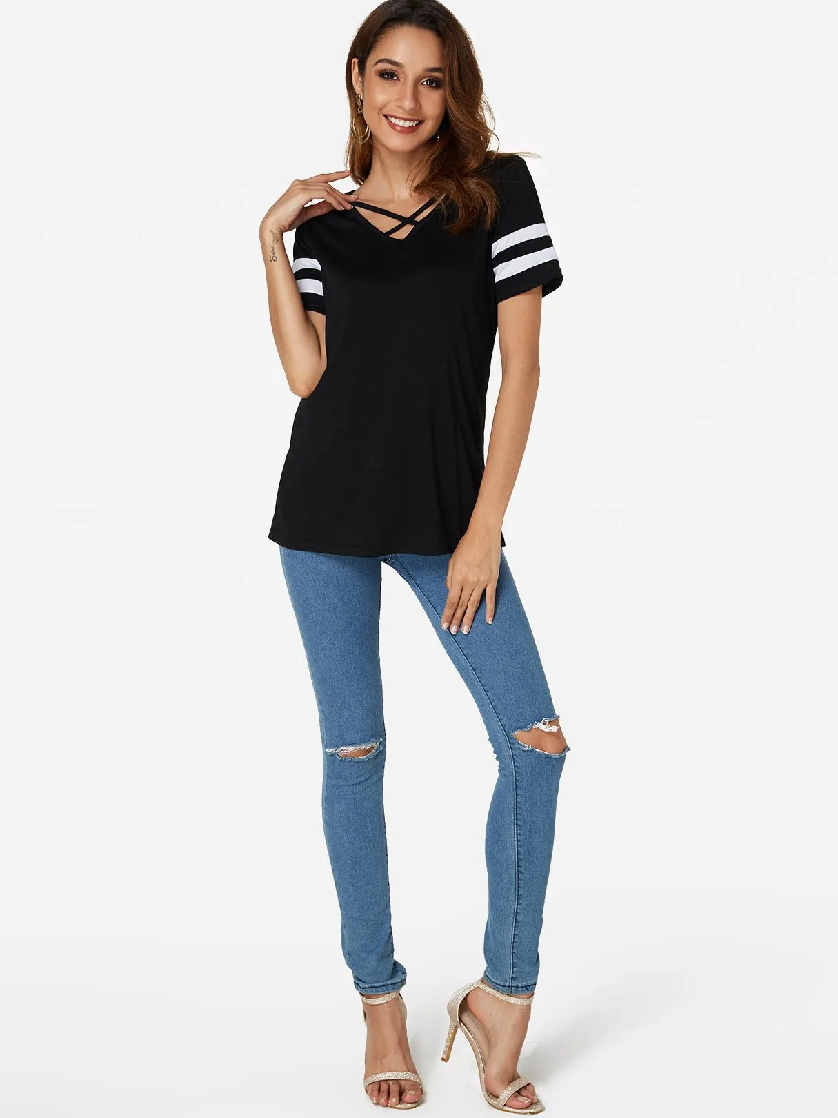 OEM ODM V-Neck Plain Crossed Front Short Sleeve T-Shirts