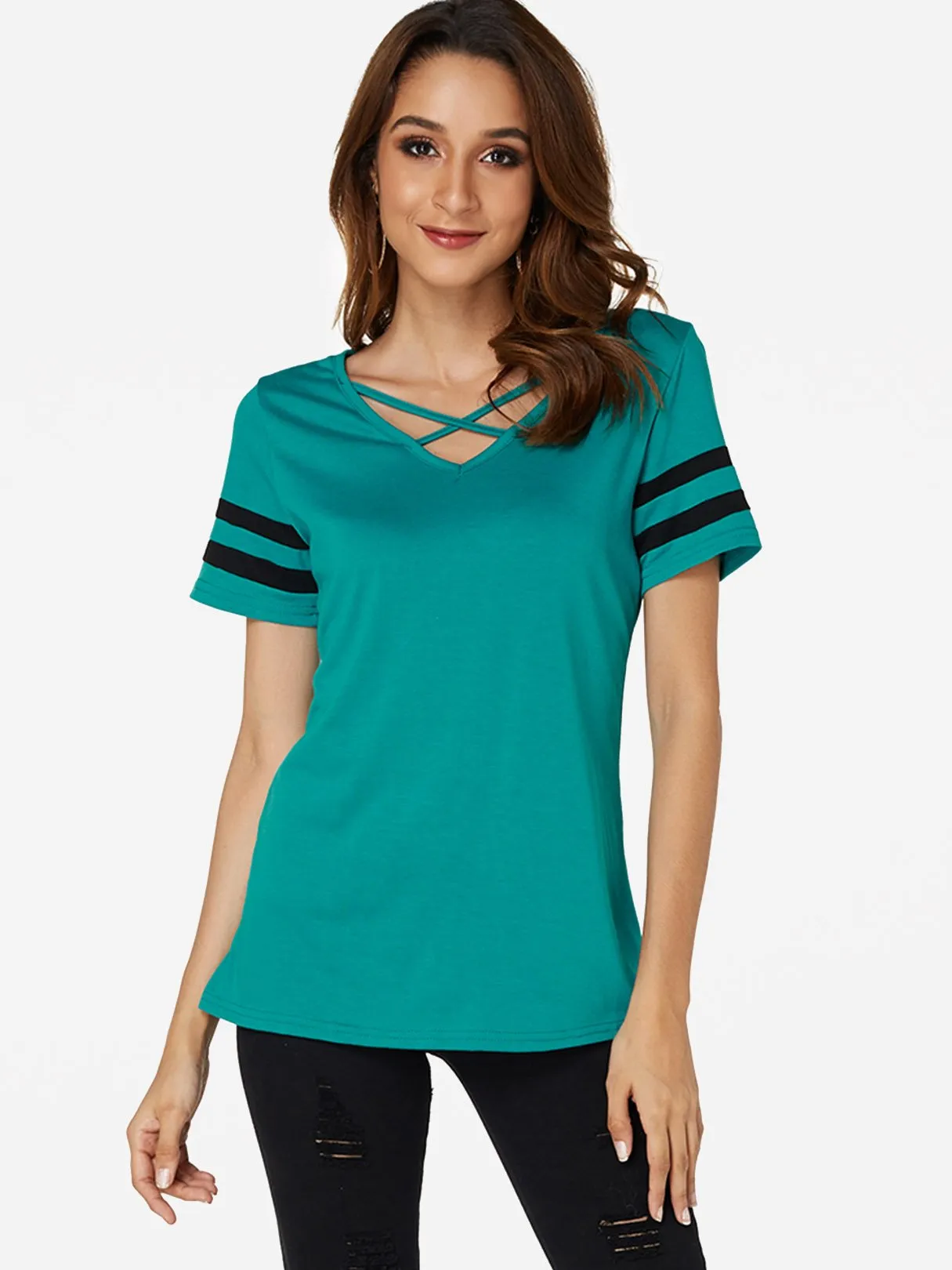 OEM ODM V-Neck Plain Crossed Front Short Sleeve T-Shirts